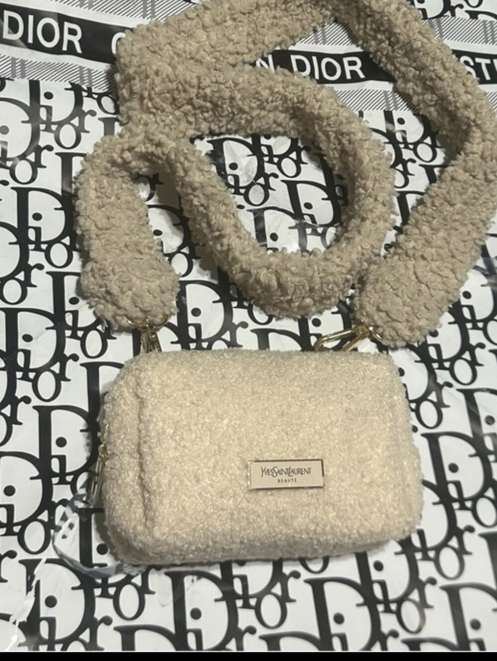 YSL Cream Shearling Crossbody Camera Bag